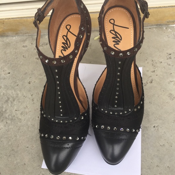 LANVIN blk & brn satin & leather with rhinestones HEELS with a buckle shoes ๐HP - Picture 11 of 13